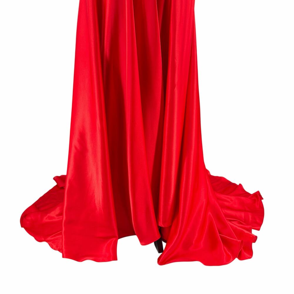 Sherri Hill Red Satin Strappy Lace Up Back Valentines A-Line Formal Prom Dress - Picture 8 of 13